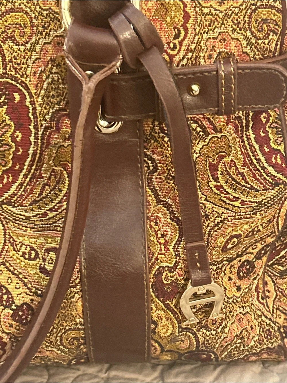 Etienne Aigner Tapestry Paisley Shoulder Bag Brown Multi Pocket